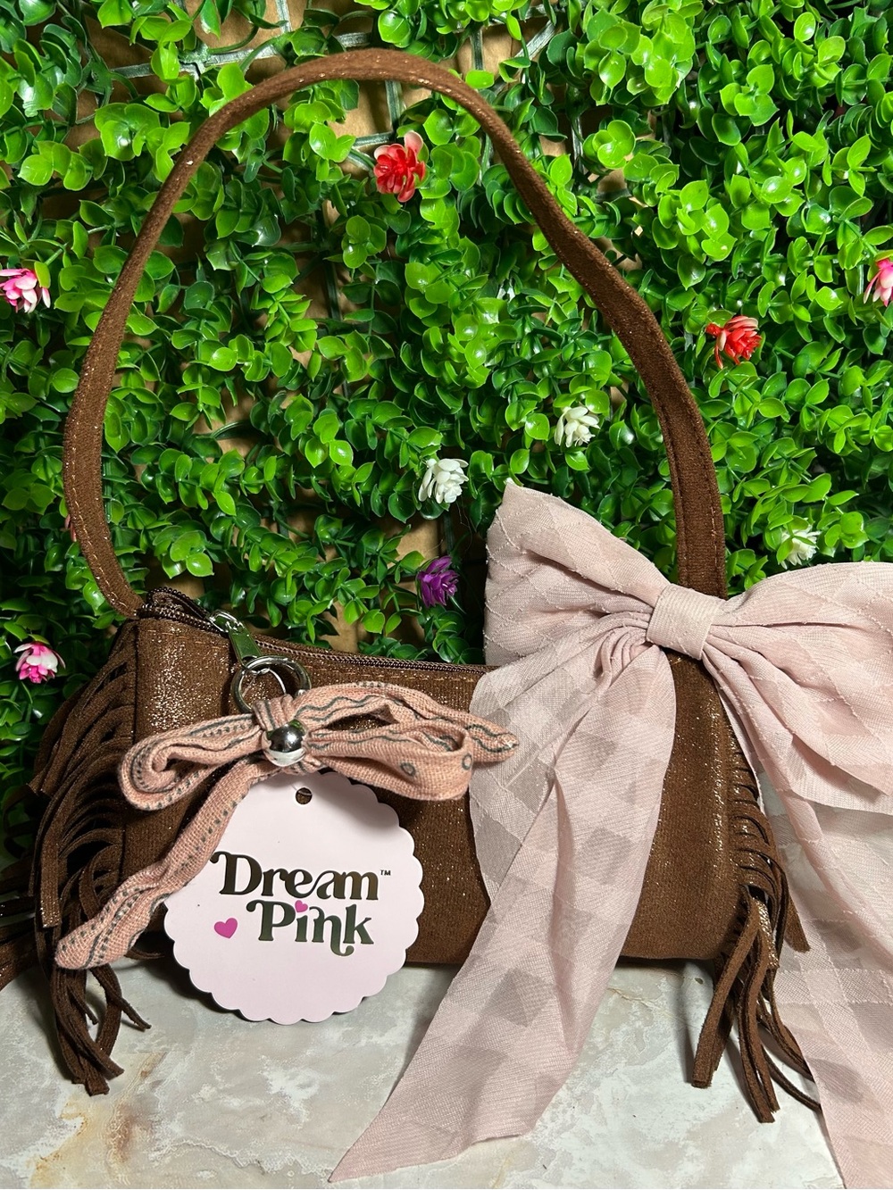 Mini Shoulder Bag with Fringes & Pink Bow/Clip